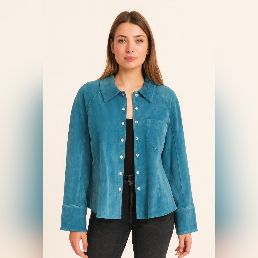 Vintage Aria Blue 100% Leather Snap Button Western Ranch Jacket Size large